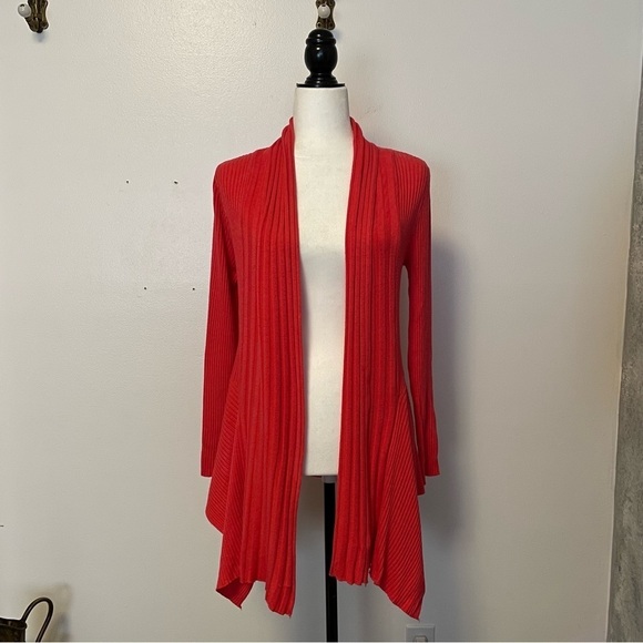 Coral Coloured Long Open Cardigan Open work Knitting - Picture 3 of 16